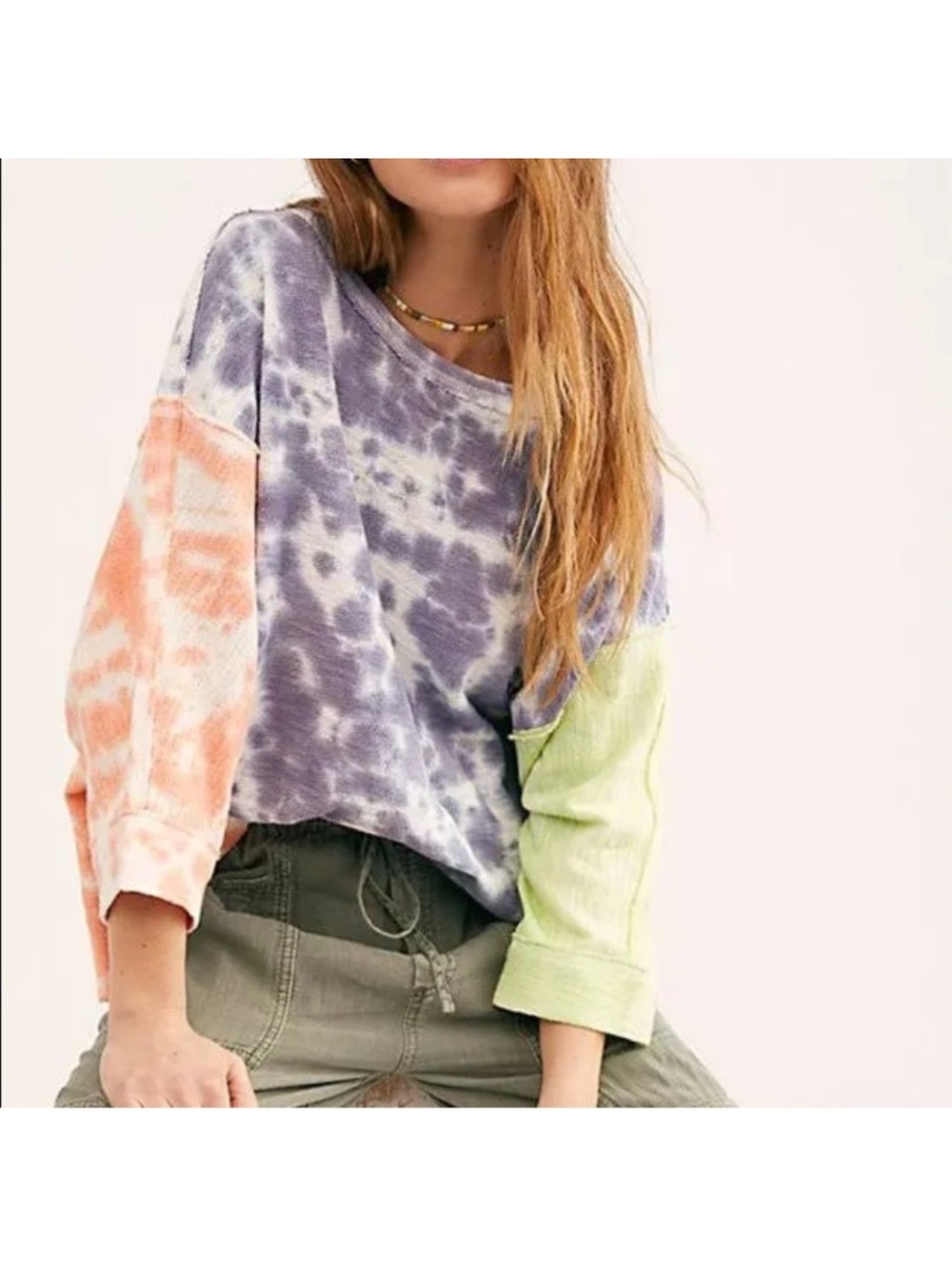 We The Free Tie-Dye Colorblock Pullover in Purple, Peach & Lime